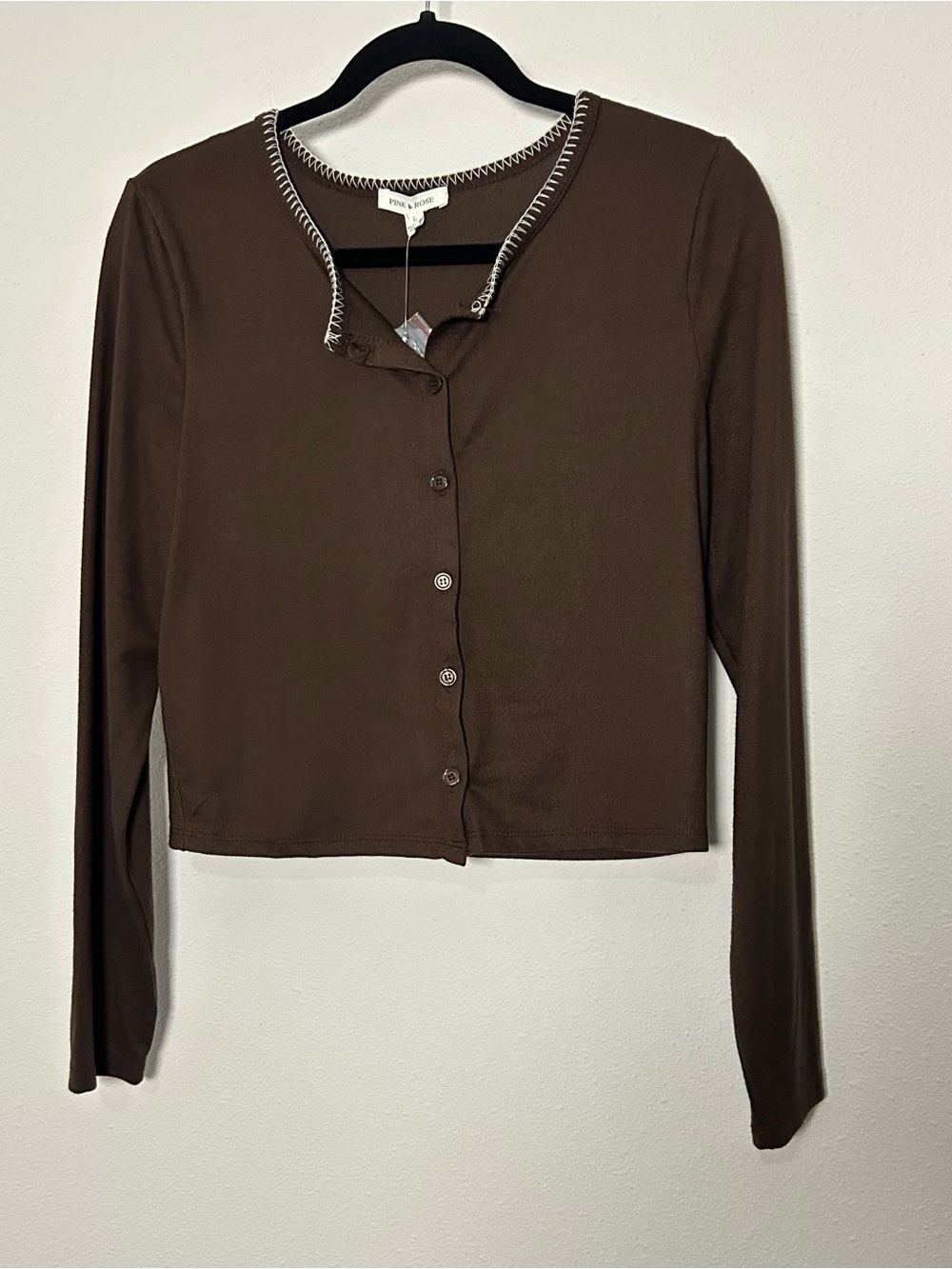Pink Rose Brown Long Sleeve Button Front Top with Contrast Trim